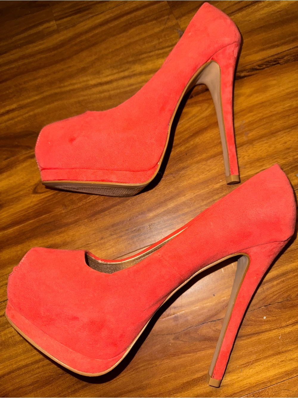 $10 Friday Charlotte Russe Coral Faux-Suede Peep-Toe Platform Pumps